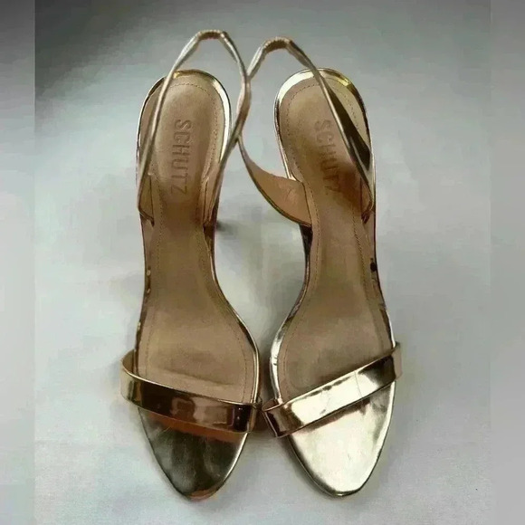 Brazilian Designer Schutz Luriane Metallic 4" High Heels Sandal Size 9.5 Gold - Picture 4 of 9